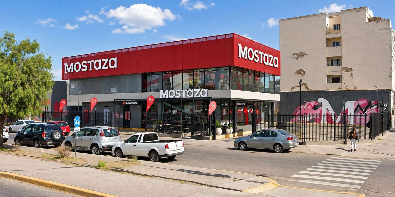 Local de Mostaza terminado en una esquina de Perticone, Neuquén Capital, con la planta alta vidriada sobre la estructura metálica